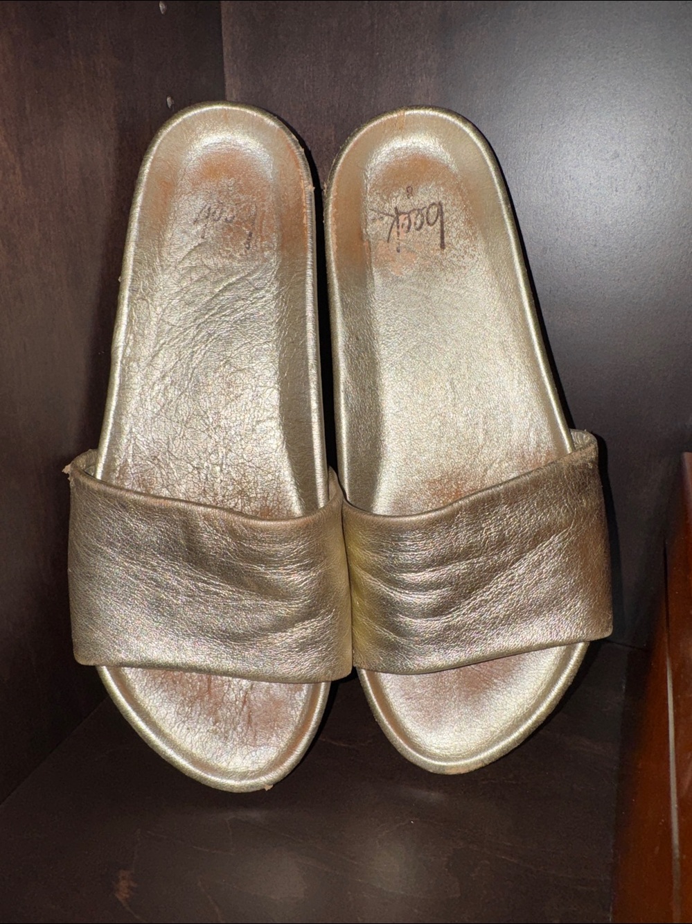 Beek gold leather slides sandals sz 8